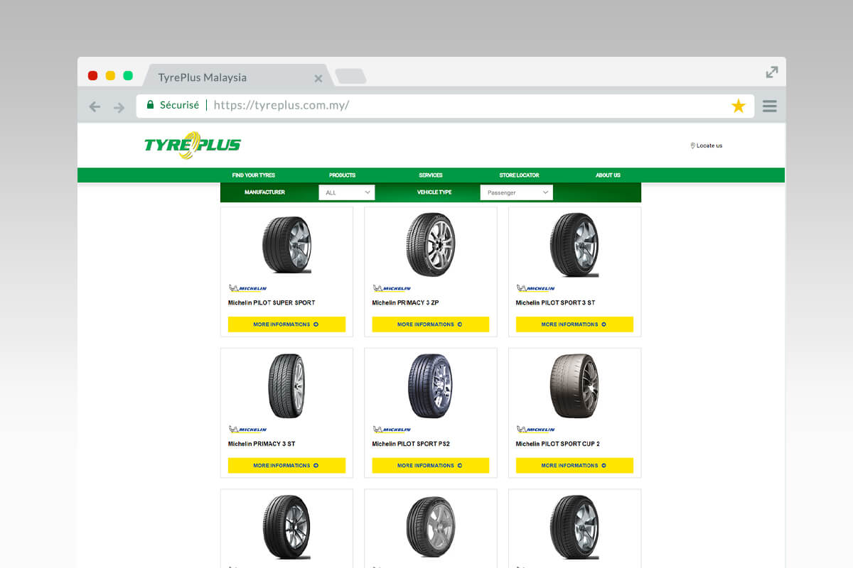 Page de resultats de pneus du site Tyreplus Malaisie